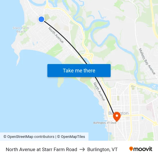 North Avenue at Starr Farm Road to Burlington, VT map