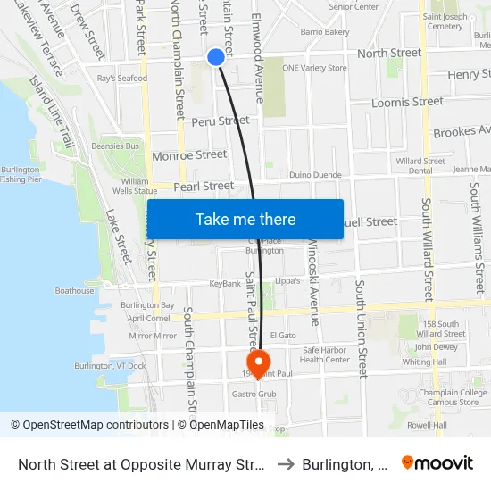 North Street at Opposite Murray Street to Burlington, VT map
