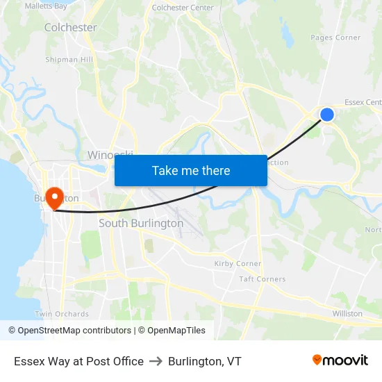 Essex Way at Post Office to Burlington, VT map
