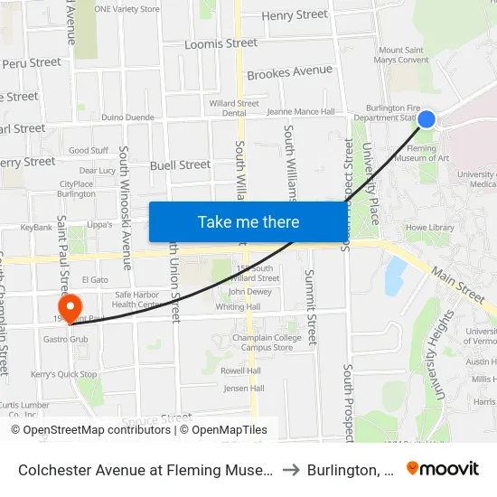 Colchester Avenue at Fleming Museum to Burlington, VT map