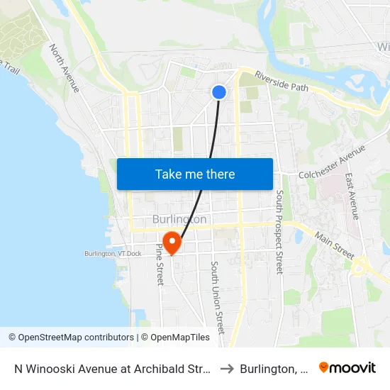 N Winooski Avenue at Archibald Street to Burlington, VT map