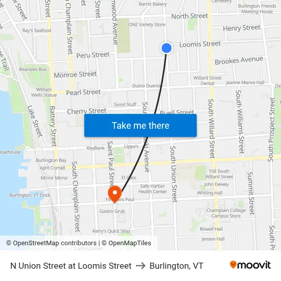 N Union Street at Loomis Street to Burlington, VT map