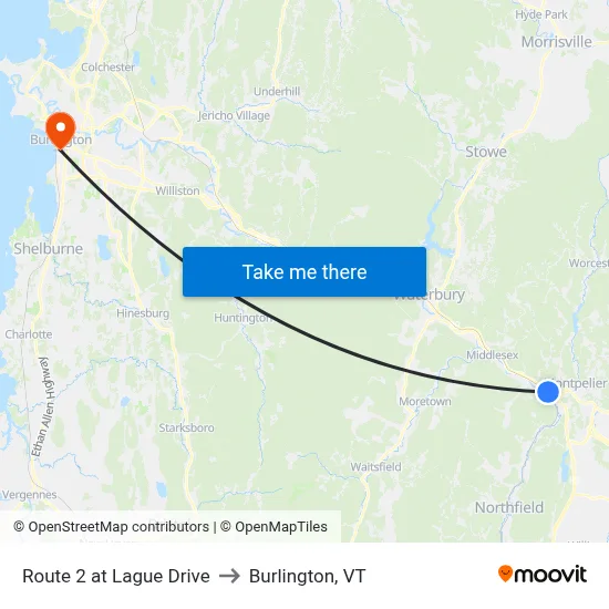 Route 2 at Lague Drive to Burlington, VT map