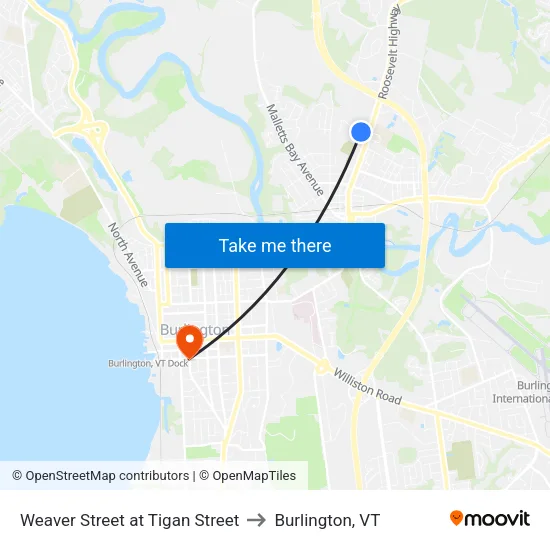 Weaver Street at Tigan Street to Burlington, VT map