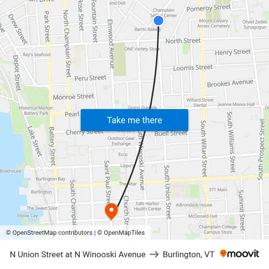 N Union Street at N Winooski Avenue to Burlington, VT map