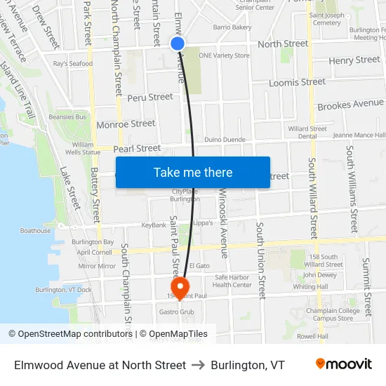 Elmwood Avenue at North Street to Burlington, VT map