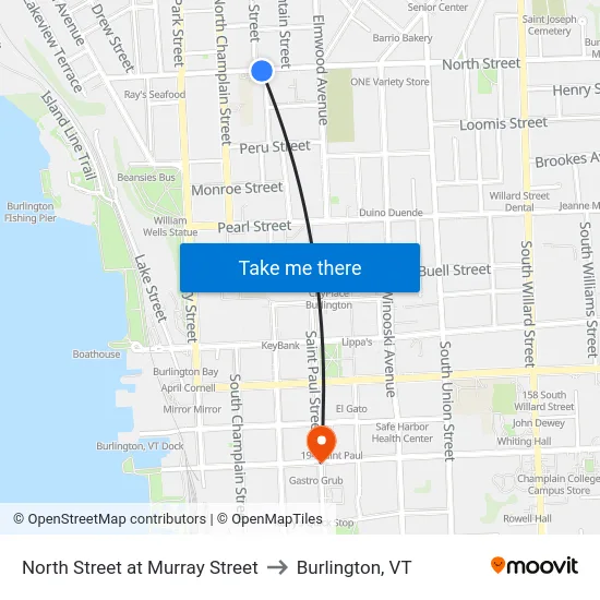 North Street at Murray Street to Burlington, VT map