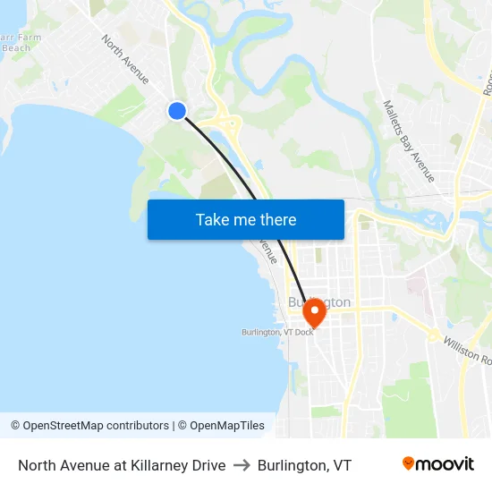 North Avenue at Killarney Drive to Burlington, VT map