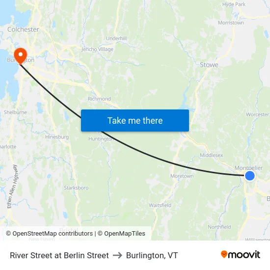River Street at Berlin Street to Burlington, VT map