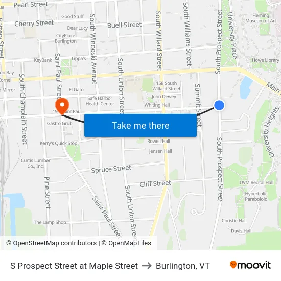 S Prospect Street at Maple Street to Burlington, VT map