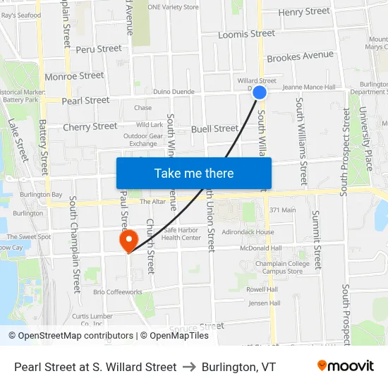 Pearl Street at S. Willard Street to Burlington, VT map