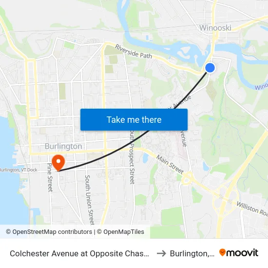 Colchester Avenue at Opposite Chase Street to Burlington, VT map