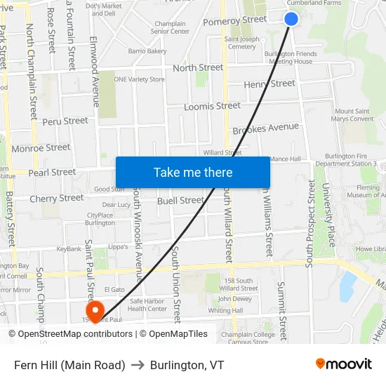 Fern Hill (Main Road) to Burlington, VT map