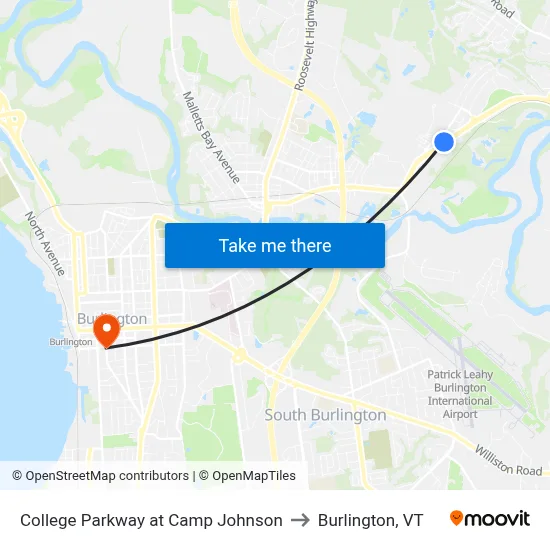 College Parkway at Camp Johnson to Burlington, VT map