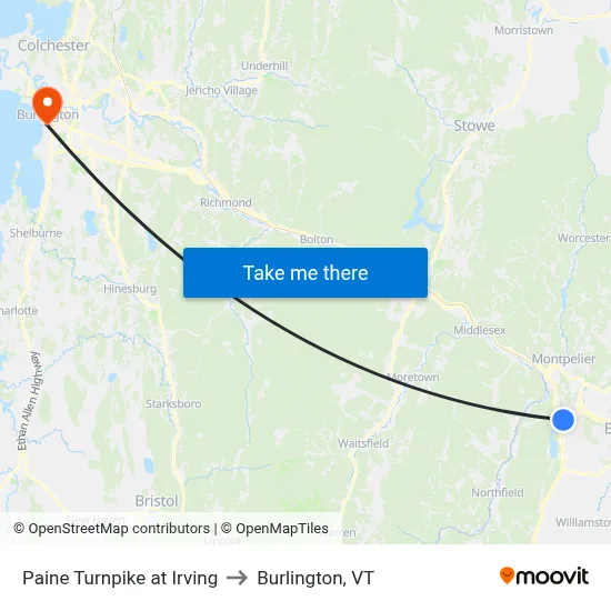 Paine Turnpike at Irving to Burlington, VT map