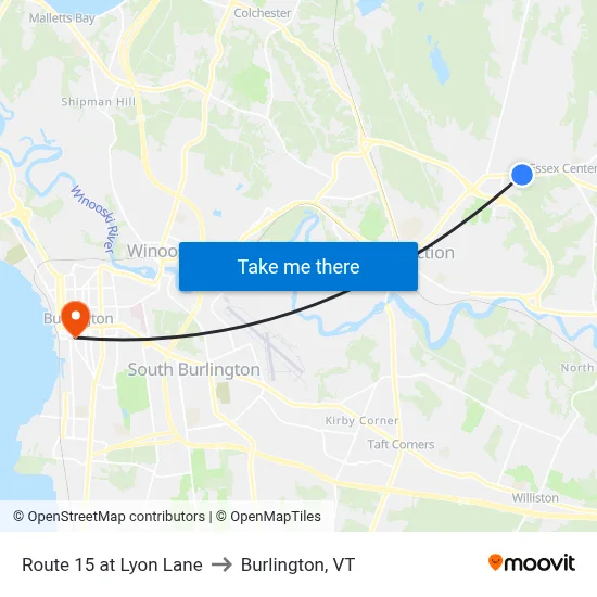 Route 15 at Lyon Lane to Burlington, VT map