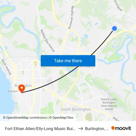 Fort Ethan Allen/Elly-Long Music Building to Burlington, VT map