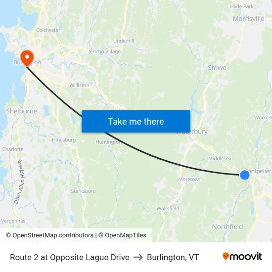 Route 2 at Opposite Lague Drive to Burlington, VT map