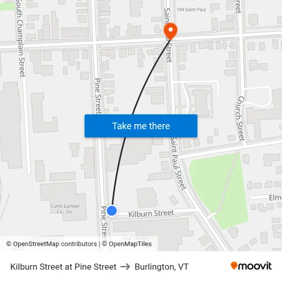 Kilburn Street at Pine Street to Burlington, VT map