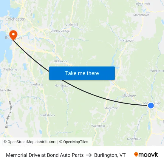 Memorial Drive at Bond Auto Parts to Burlington, VT map