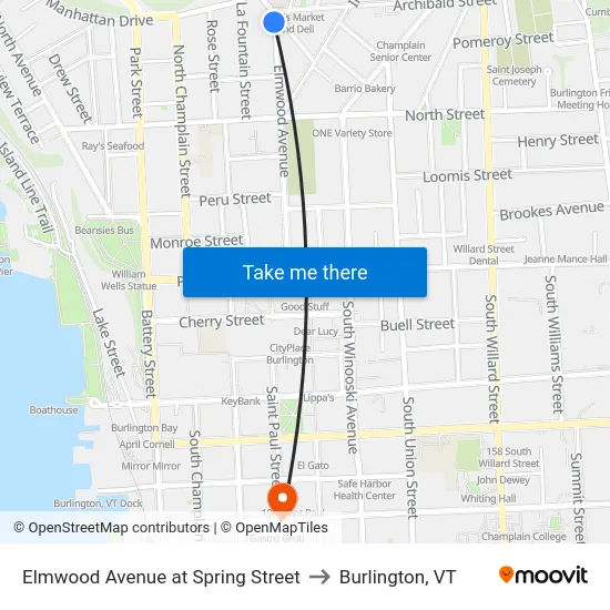 Elmwood Avenue at Spring Street to Burlington, VT map