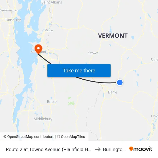 Route 2 at Towne Avenue (Plainfield Health Center) to Burlington, VT map