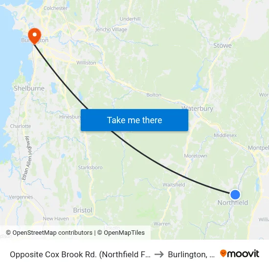 Opposite Cox Brook Rd. (Northfield Falls) to Burlington, VT map