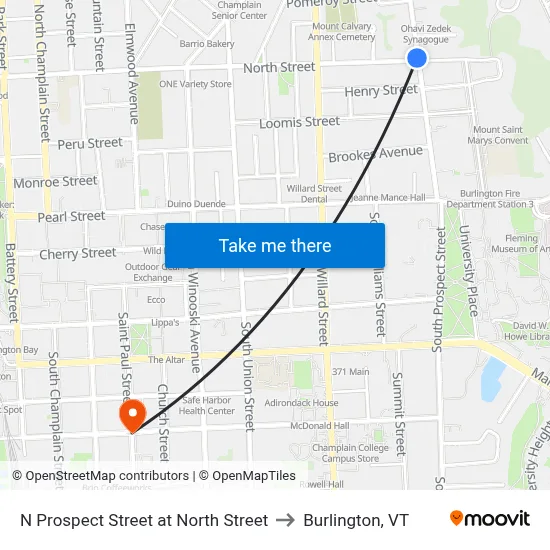 N Prospect Street at North Street to Burlington, VT map