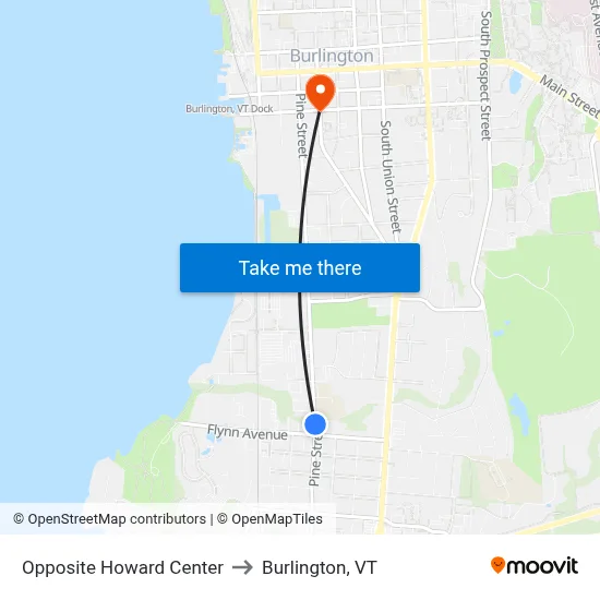 Opposite Howard Center to Burlington, VT map