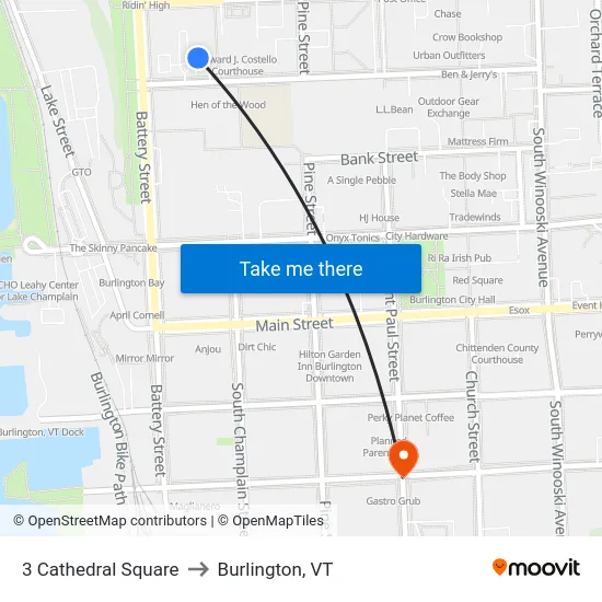 3 Cathedral Square to Burlington, VT map