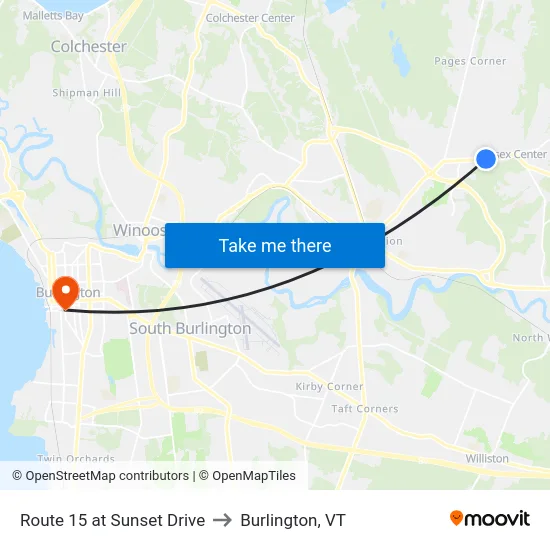 Route 15 at Sunset Drive to Burlington, VT map