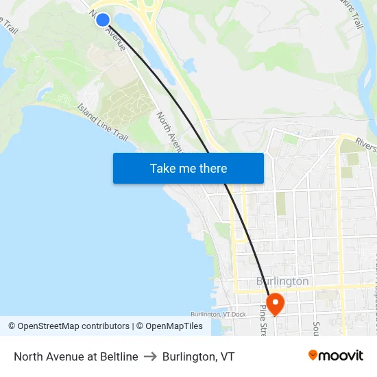 North Avenue at Beltline to Burlington, VT map