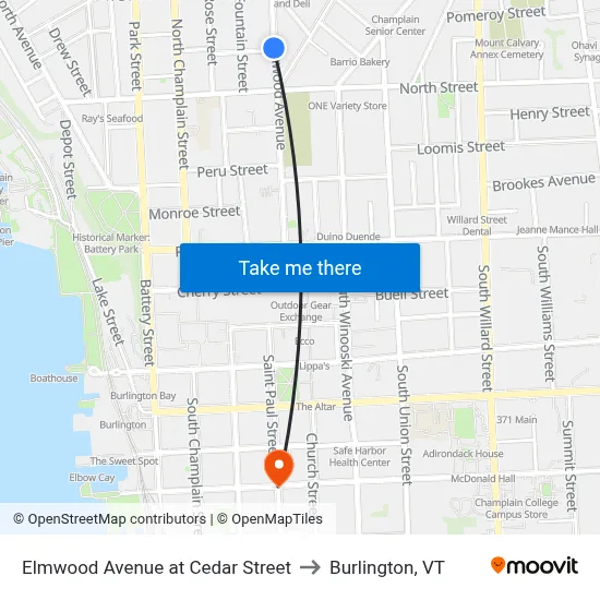 Elmwood Avenue at Cedar Street to Burlington, VT map