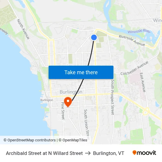 Archibald Street at N Willard Street to Burlington, VT map