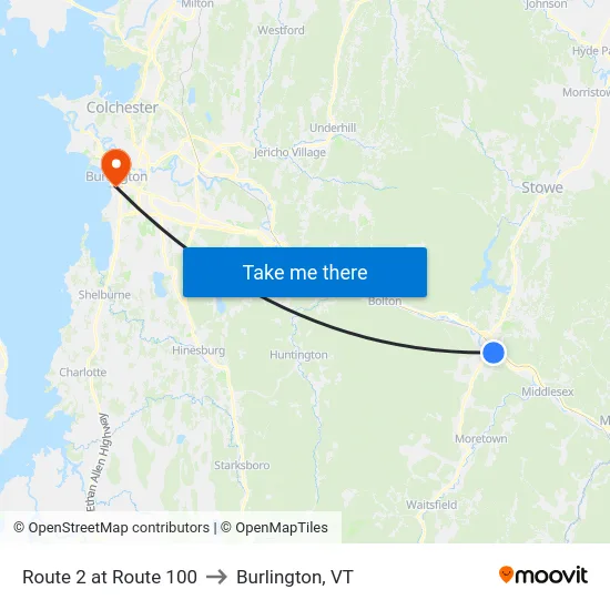 Route 2 at Route 100 to Burlington, VT map