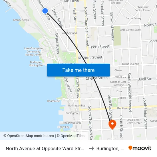 North Avenue at Opposite Ward Street to Burlington, VT map