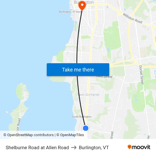 Shelburne Road at Allen Road to Burlington, VT map