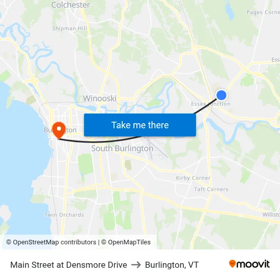 Main Street at Densmore Drive to Burlington, VT map
