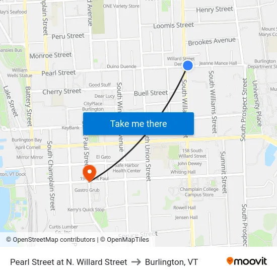 Pearl Street at N. Willard Street to Burlington, VT map
