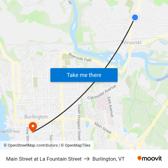 Main Street at La Fountain Street to Burlington, VT map