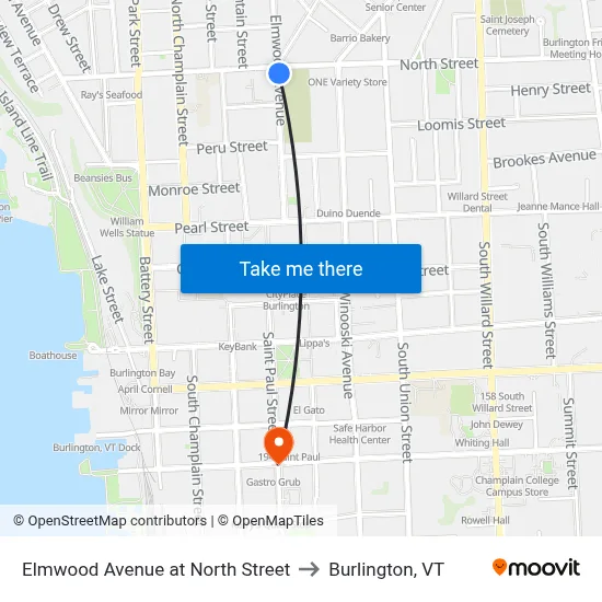Elmwood Avenue at North Street to Burlington, VT map