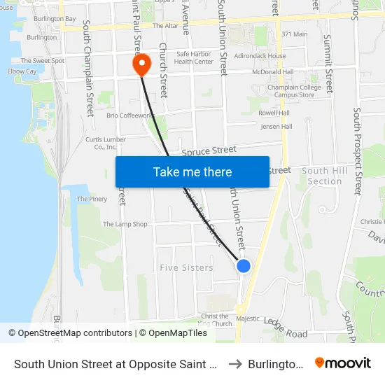 South Union Street at Opposite Saint Paul Street to Burlington, VT map