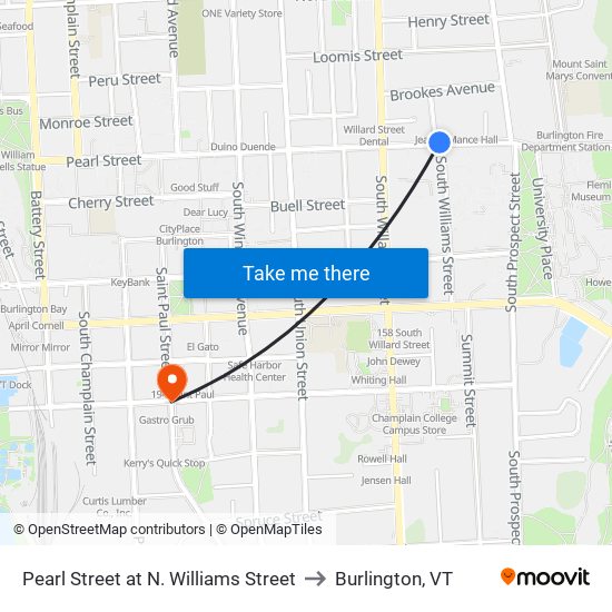 Pearl Street at N. Williams Street to Burlington, VT map