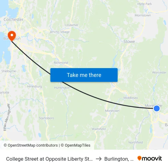 College Street at Opposite Liberty Street to Burlington, VT map