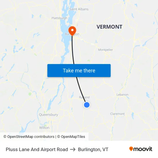 Pluss Lane And Airport Road to Burlington, VT map