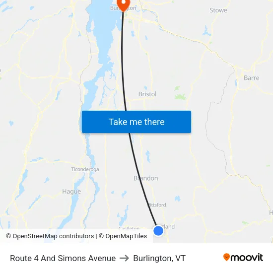 Route 4 And Simons Avenue to Burlington, VT map