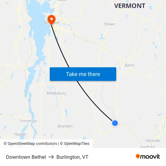 Downtown Bethel to Burlington, VT map