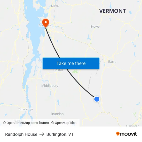 Randolph House to Burlington, VT map