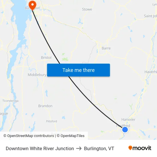 Downtown White River Junction to Burlington, VT map