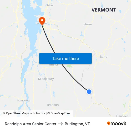 Randolph Area Senior Center to Burlington, VT map